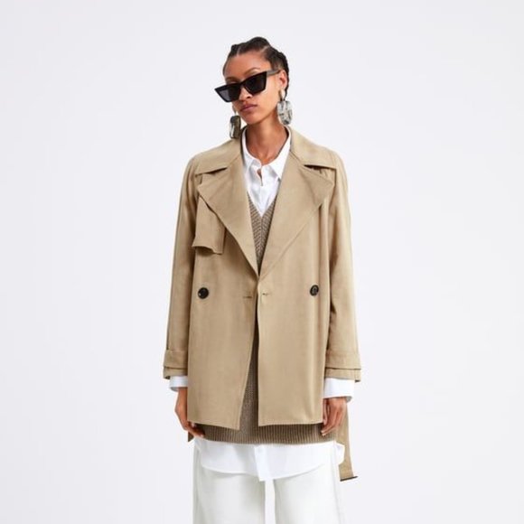 Zara Jackets & Blazers - ZARA Faux Suede Belted Short Trench Coat Camel Tan {YY34}